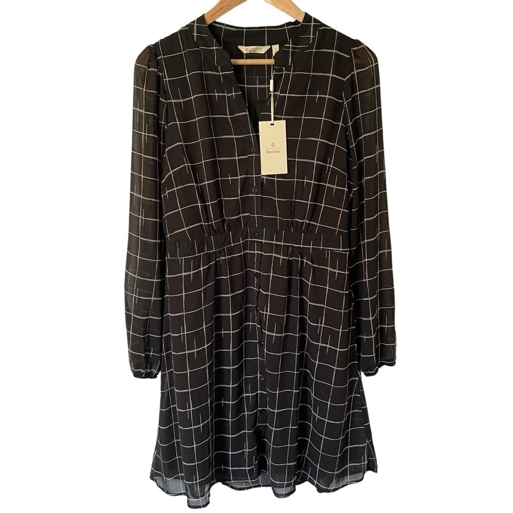 Max Cocos Long Sleeve Chiffon Dress Sz M Black White Check Office Career Casual